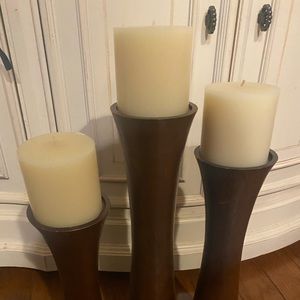 Wooden candlestick trio